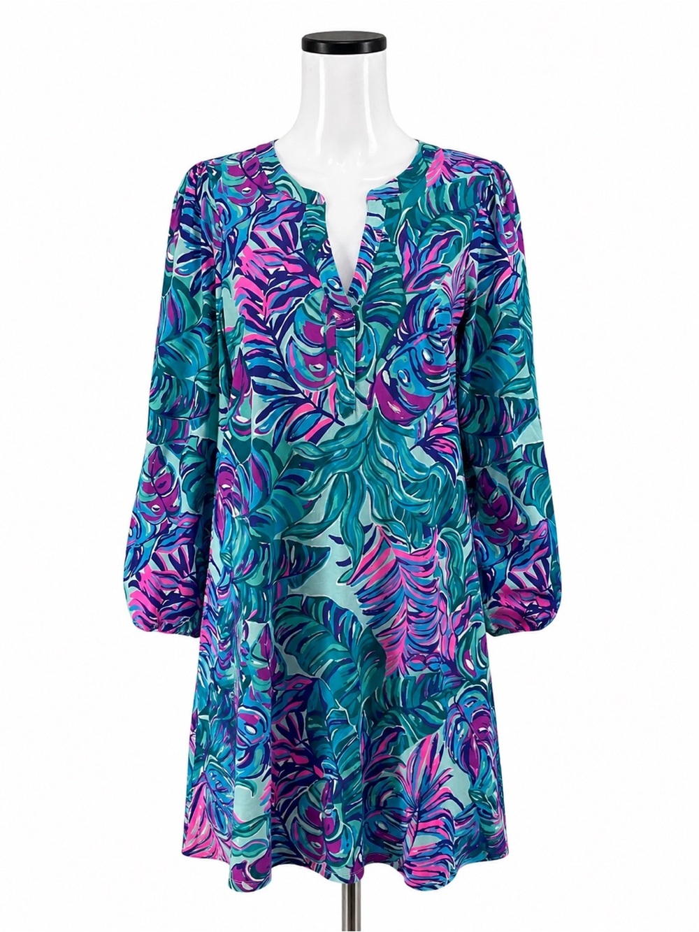 Lilly Pulitzer Coretta Tunic Blue Don’t Wanna Leaf Tropical Print Dress Size XL